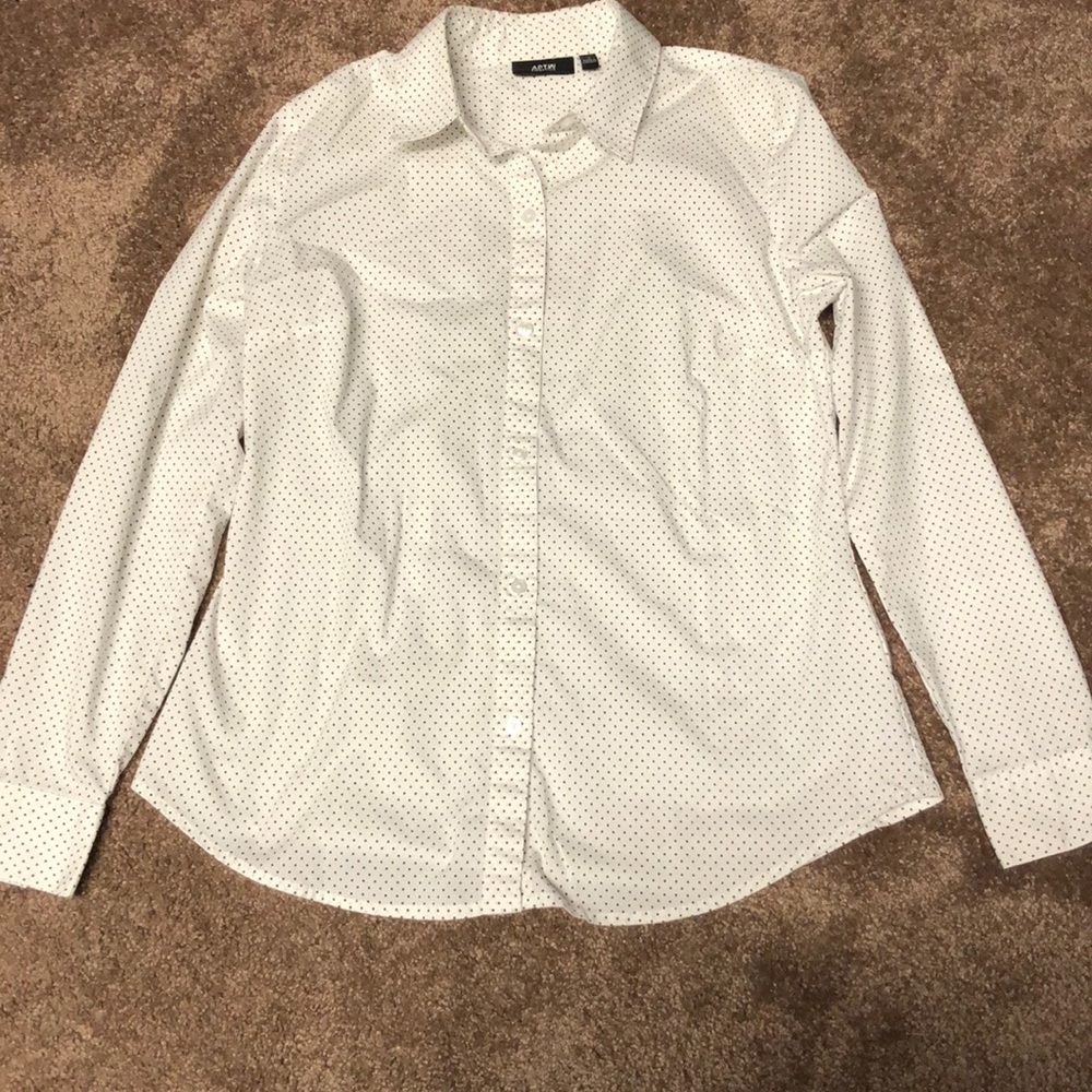 White w/black polka dot button down